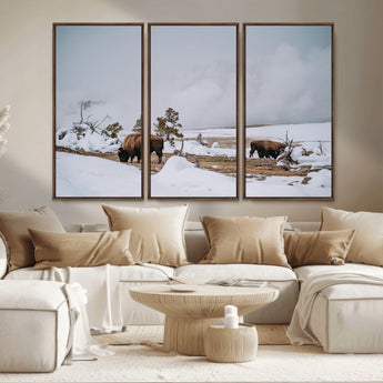 60308289-MGV-CV-36X24-Bison Wildlife Wall Art Canvas Print, Framed Snowy Prairie Art Picture Print, Western Landscape Perfect Rustic Winter Decor