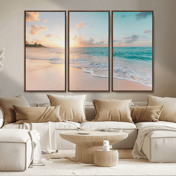 94538225-MGV-FC-48X32-3P_Walnut-Beach Sunset Wall Art Canvas Print, Framed Ocean Waves Art Picture Print, Summer Escape Perfect Coastal Serenity Decor Artwork