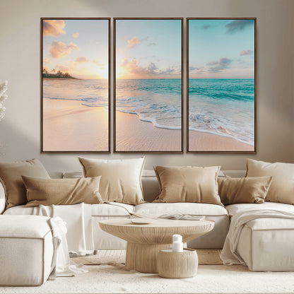 94538225-MGV-FC-48X32-3P_Walnut-Beach Sunset Wall Art Canvas Print, Framed Ocean Waves Art Picture Print, Summer Escape Perfect Coastal Serenity Decor Artwork