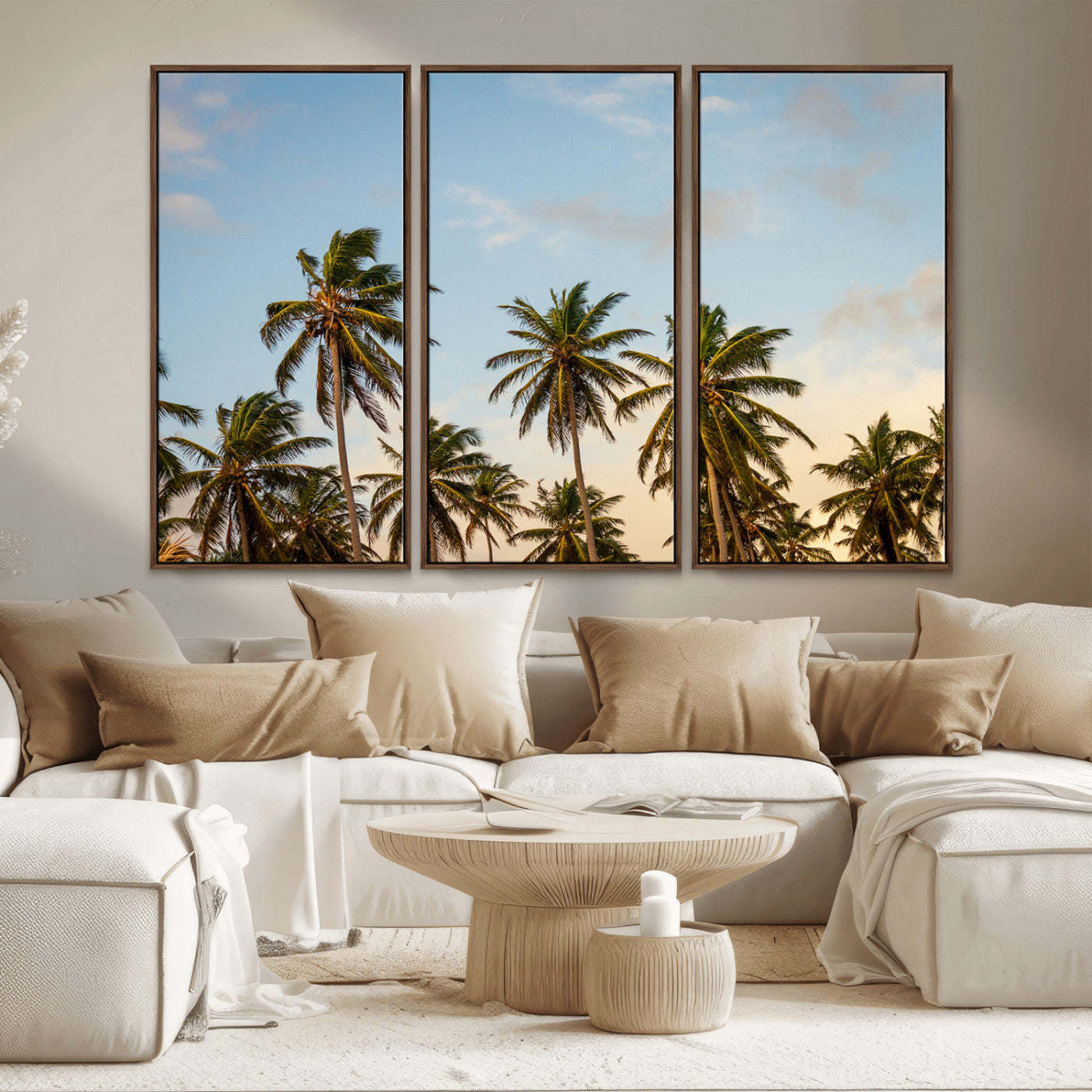 99033771-MGV-FC-48X32-3P_Walnut-Palm Trees Wall Art Canvas Print, Framed Tropical Vibes Art Picture Print, Coastal Sunset Perfect Coastal Boho Decor Artwork