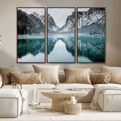 73098373-MGV-CV-36X24-Mountain Lake Wall Art Canvas Print, Framed Winter Wonderland Art Picture Print, Snowy Peaks Perfect Modern Nature Decor Artwork