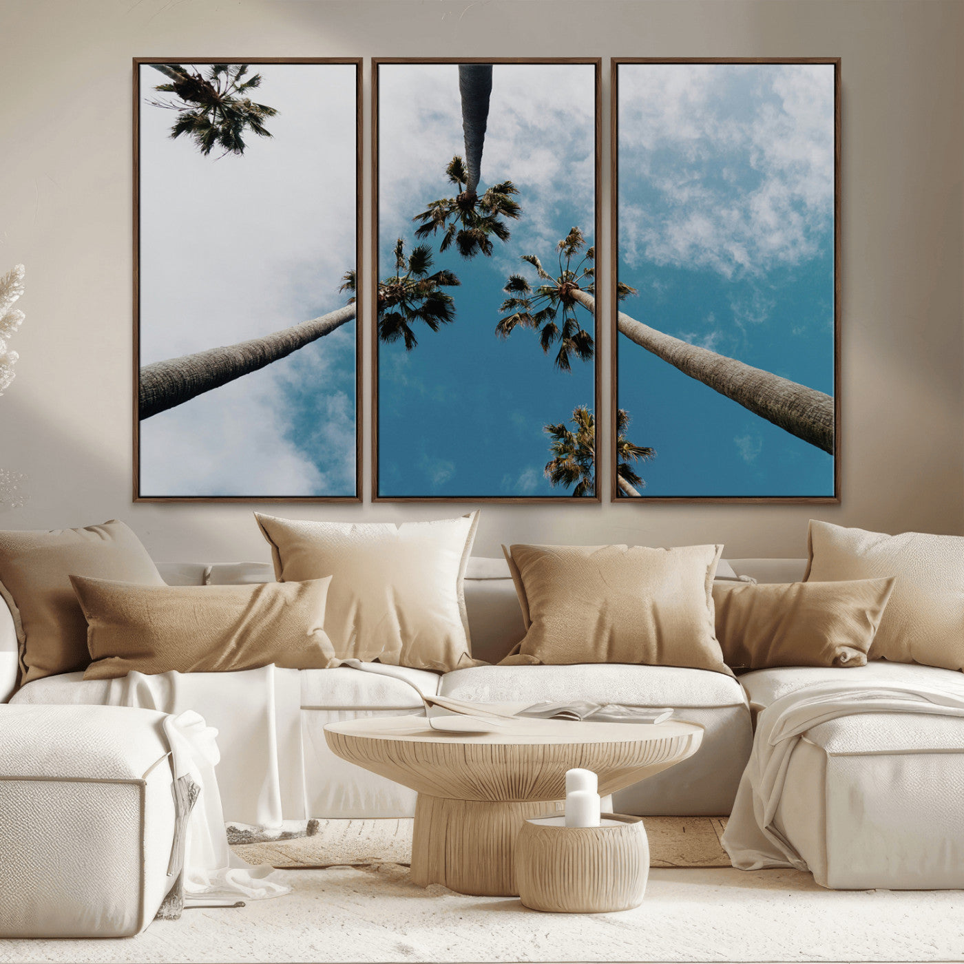 45236398-MGV-FC-48X32-3P_Walnut-Tropical Palm Trees Wall Art Canvas Print, Framed California Sky Art Picture Print, Minimalist Nature Perfect Coastal Minimalist