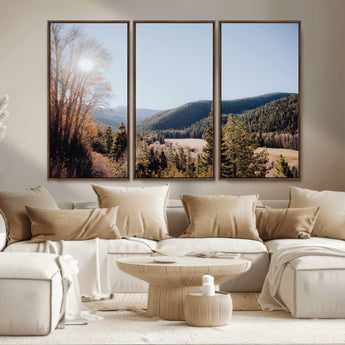 52941305-MGV-CV-36X24-Rustic Landscape Wall Art Canvas Print, Framed Serene Valley Art Picture Print, Pine Tree Horizon Perfect Rustic Cabin Decor