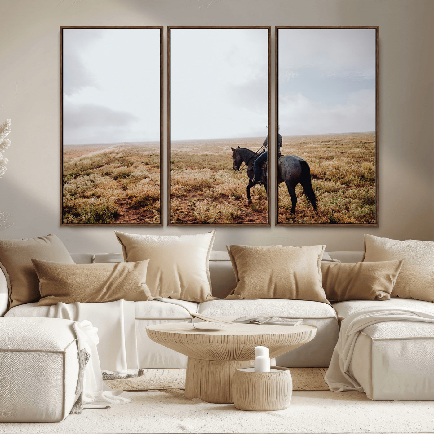 57597730-MGV-FC-48X32-3P_Walnut-Cowboy Wall Art Wall Art Canvas Print, Framed Western Canvas Art Picture Print, Rustic Ranch Scene Perfect Rustic Western Decor