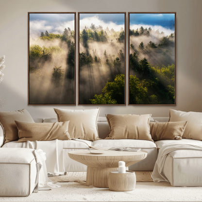 14785710-MGV-CV-36X24-Tranquil Forest Scene Wall Art Canvas Print, Framed Sunbeam Through Trees Art Picture Print, Moody Green Wall Art Perfect