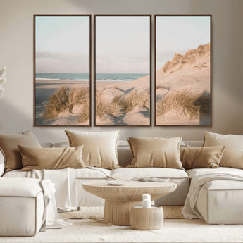 28064037-MGV-FC-48X32-3P_Walnut-Minimalist Seascape Wall Art Canvas Print, Framed Neutral Beach Print Art Picture Print, Sand Dune Photography Perfect