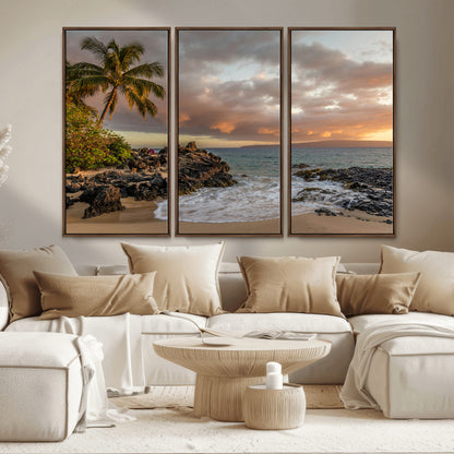 55108220-MGV-CV-36X24-Tropical Beach Wall Art Canvas Print, Framed Hawaiian Sunset Art Picture Print, Ocean Waves Perfect Coastal Tropical Decor Artwork
