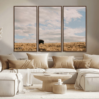 22754563-MGV-CV-36X24-Earthy Tones Wall Art Canvas Print, Framed Rustic Nature Art Picture Print, Solitary Buffalo Perfect Western Minimalist Decor