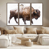 94261165-MGV-FC-48X32-3P_Walnut-Snowy Buffalo Wall Art Canvas Print, Framed Wildlife Photography Art Picture Print, Brown Tones Perfect Rustic Lodge Decor Decor