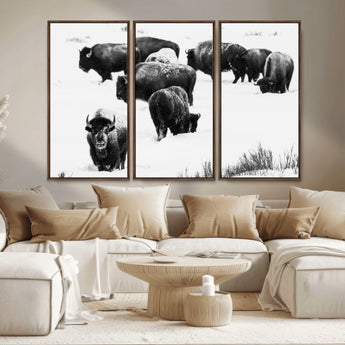 18914414-MGV-CV-36X24-Buffalo Herd Wall Art Canvas Print, Framed Black and White Art Picture Print, Snowy Landscape Perfect Rustic Lodge Decor Decor