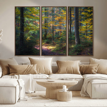 65810864-MGV-CV-36X24-Autumn Forest Wall Art Canvas Print, Framed Fall Woodland Art Picture Print, Golden Leaves Perfect Rustic Farmhouse Decor Artwork