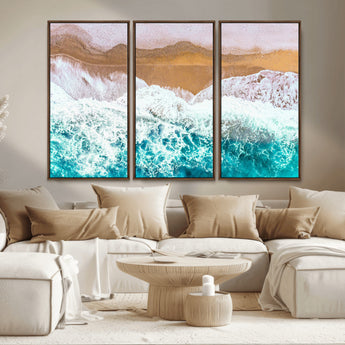 26870666-MGV-FC-48X32-3P_Walnut-Aerial Beach Wall Art Canvas Print, Framed Ocean Waves Art Picture Print, Coastal Landscape Perfect Coastal Minimalist Decor