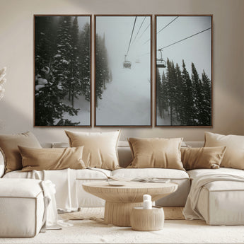 87018452-MGV-CV-36X24-Ski Lift Wall Art Canvas Print, Framed Snowy Pines Art Picture Print, Misty Landscape Perfect Winter Serenity Decor Artwork