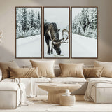 13316292-MGV-CV-36X24-Moose in Snow Wall Art Canvas Print, Framed Winter Wildlife Art Picture Print, Snowy Forest Scene Perfect Rustic Lodge Decor