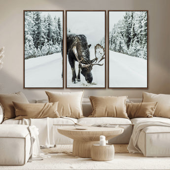 13316292-MGV-CV-36X24-Moose in Snow Wall Art Canvas Print, Framed Winter Wildlife Art Picture Print, Snowy Forest Scene Perfect Rustic Lodge Decor