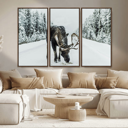 13316292-MGV-CV-36X24-Moose in Snow Wall Art Canvas Print, Framed Winter Wildlife Art Picture Print, Snowy Forest Scene Perfect Rustic Lodge Decor