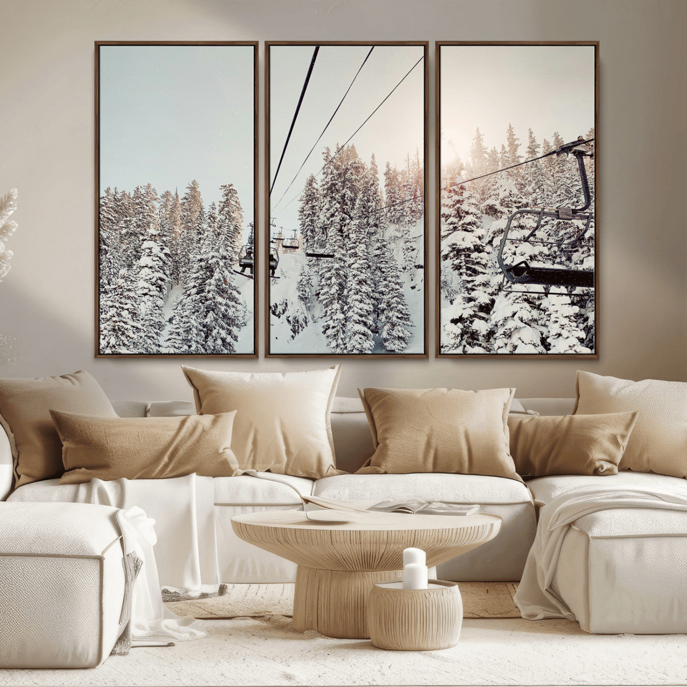 91534512-MGV-CV-36X24-Frosty Pines Wall Art Canvas Print, Framed Cozy Cabin View Art Picture Print, Ski Lift Ride Perfect Rustic Lodge Decor Artwork