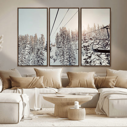 91534512-MGV-CV-36X24-Frosty Pines Wall Art Canvas Print, Framed Cozy Cabin View Art Picture Print, Ski Lift Ride Perfect Rustic Lodge Decor Artwork