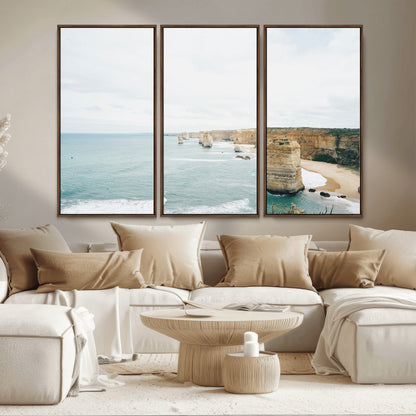 70095633-MGV-CV-36X24-Twelve Apostles Wall Art Canvas Print, Framed Coastal Cliffs Art Picture Print, Rugged Rock Formations Perfect Minimalist Coastal