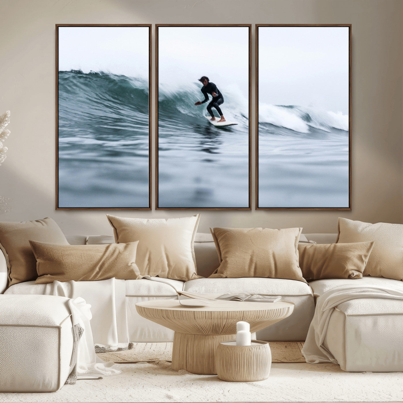 11693607-MGV-CV-36X24-Surfer on Wave Wall Art Canvas Print, Framed Ocean Adventure Art Picture Print, Motion Blur Water Perfect Coastal Adventure Decor