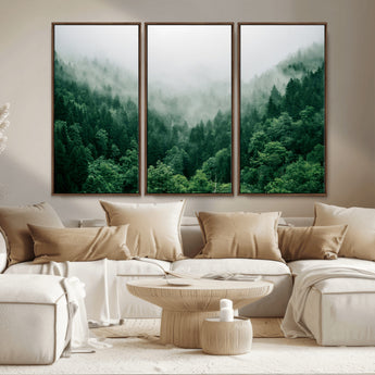 45265379-MGV-FC-48X32-3P_Walnut-Misty Forest Wall Art – Green Mountain Pine Tree Landscape Canvas Print, Nature Photography Artwork Home Decor for Bedroom, Living
