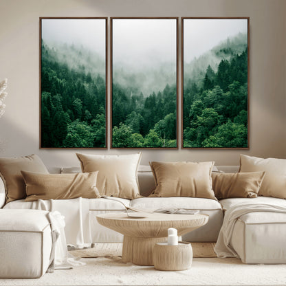 45265379-MGV-FC-48X32-3P_Walnut-Misty Forest Wall Art – Green Mountain Pine Tree Landscape Canvas Print, Nature Photography Artwork Home Decor for Bedroom, Living