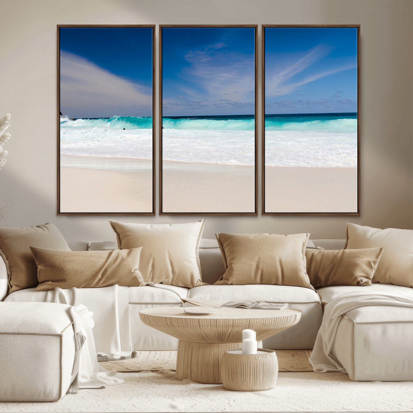 55017356-MGV-CV-36X24-Ocean Beach Wall Art – Turquoise Wave and White Sand Shoreline Canvas Print, Coastal Seascape Photography Decor for Living Room,