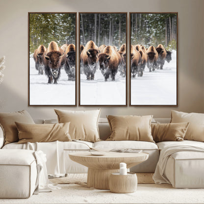 96906195-MGV-CV-36X24-Bison Herd Wall Art – American Buffalo Wildlife Photography Canvas Print, Winter Snow Scene Western Nature Decor for Living Room,