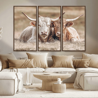 38651722-MGV-CV-36X24-Cow Wall Art – Rustic Longhorn Pair Canvas Print, Western Farmhouse Animal Painting, Country Ranch Decor for Living Room, Bedroom,