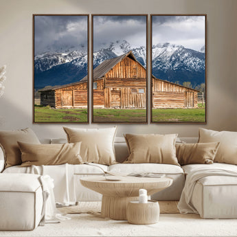 15173627-MGV-FC-48X32-3P_Walnut-Barn Wall Art – Rustic Wooden Cabin Canvas Print with Snowy Mountain Landscape, Western Farmhouse Country Decor for Living Room,