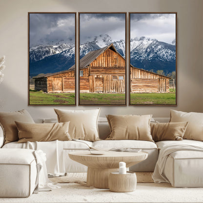 15173627-MGV-FC-48X32-3P_Walnut-Barn Wall Art – Rustic Wooden Cabin Canvas Print with Snowy Mountain Landscape, Western Farmhouse Country Decor for Living Room,