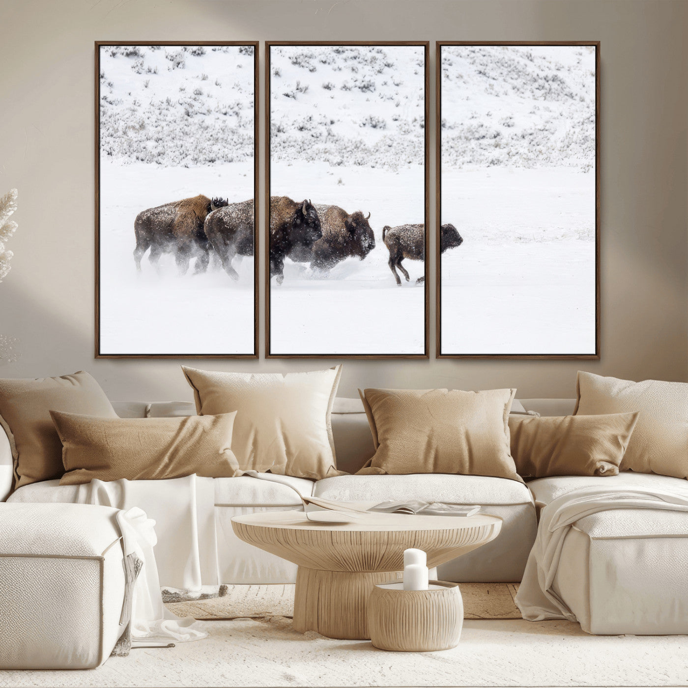 61161423-MGV-CV-36X24-Running Bison Herd Wall Art – Winter Buffalo Canvas Print, Wildlife Photography Decor for Rustic Living Room, Farmhouse, Lodge,