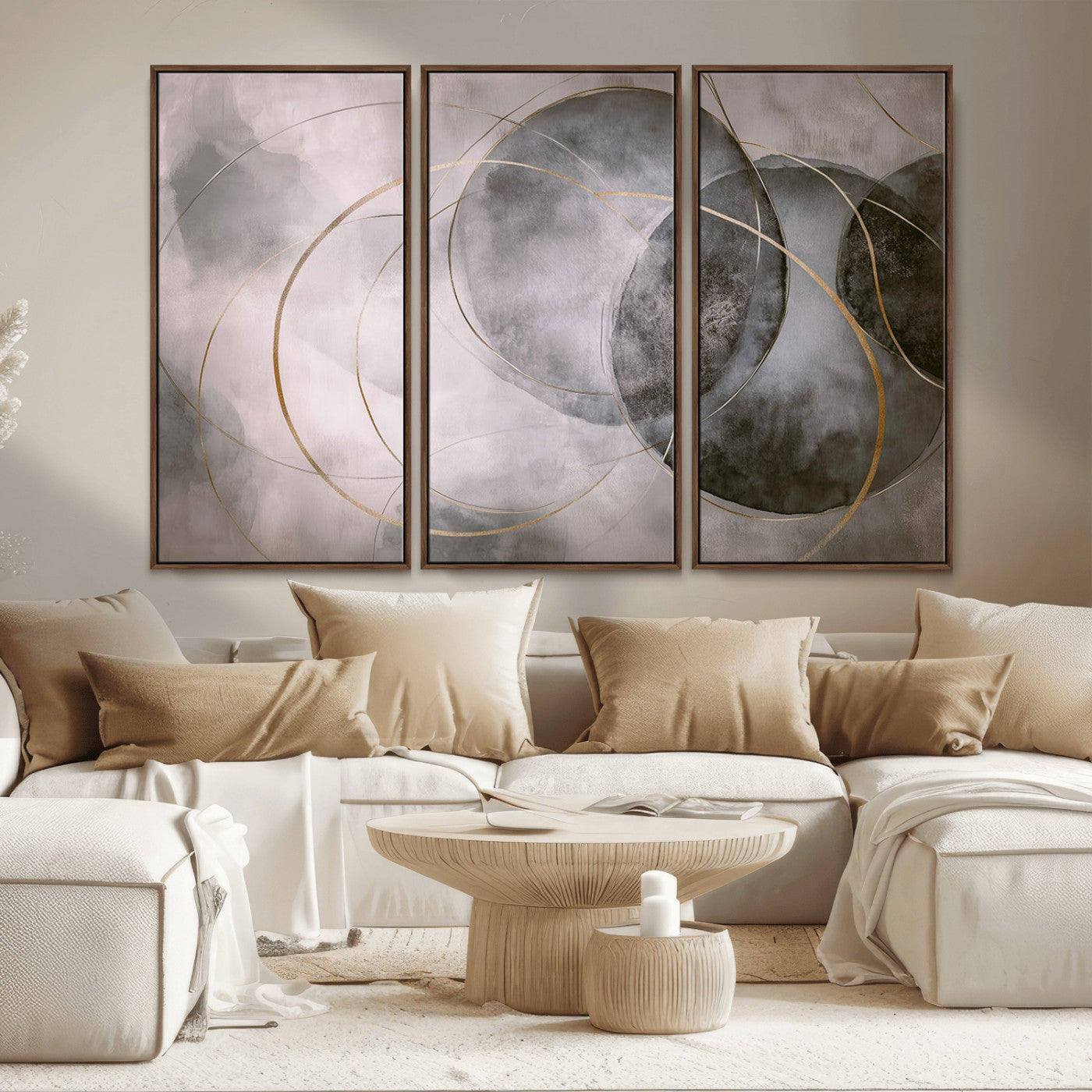 20066876-MGV-CV-36X24-Neutral Abstract Circle Wall Art – Modern Gray Beige Gold Canvas Print, Minimalist Geometric Painting for Bedroom, Living Room,