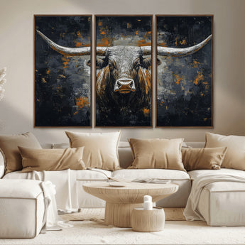 93195031-MGV-CV-36X24-Dark Longhorn Bull Wall Art – Western Steer Canvas Print, Moody Rustic Animal Painting for Man Cave, Ranch House, Office or Modern