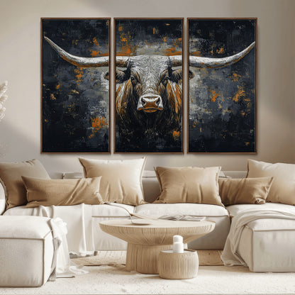 93195031-MGV-CV-36X24-Dark Longhorn Bull Wall Art – Western Steer Canvas Print, Moody Rustic Animal Painting for Man Cave, Ranch House, Office or Modern