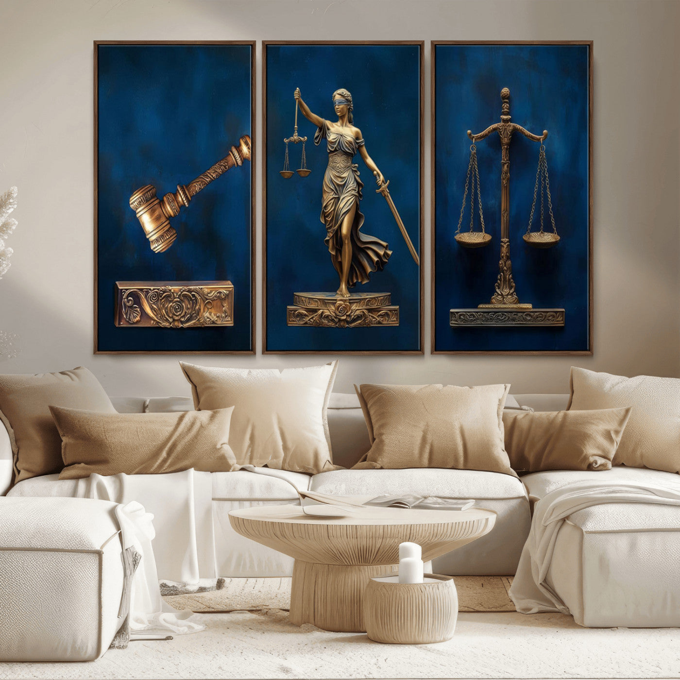 91629053-MGV-CV-36X24-Lady Justice Wall Art – Golden Gavel and Scales Canvas Print, Elegant Legal Office Decor for Lawyers, Judges, Courtroom or Study