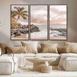 14214613-MGV-FC-48X32-3P_Walnut-Tropical Beach Wall Art – Palm Tree and Ocean Sunset Canvas Print, Relaxing Coastal Landscape Decor for Living Room, Bedroom, or