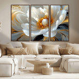 39604126-MGV-CV-36X24-Abstract Flower Wall Art – Elegant White and Gold Bloom Canvas Print, Modern Floral Artwork for Bedroom, Living Room, or Office