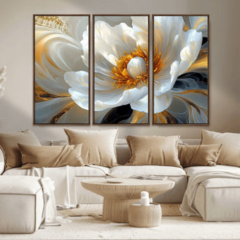39604126-MGV-CV-36X24-Abstract Flower Wall Art – Elegant White and Gold Bloom Canvas Print, Modern Floral Artwork for Bedroom, Living Room, or Office