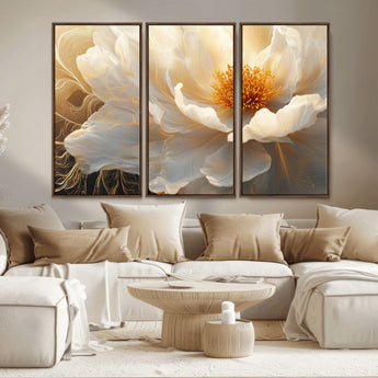 29539087-MGV-CV-36X24-Floral Wall Art – Elegant White and Gold Bloom Canvas Print, Romantic Modern Flower Artwork for Bedroom, Living Room, or Office