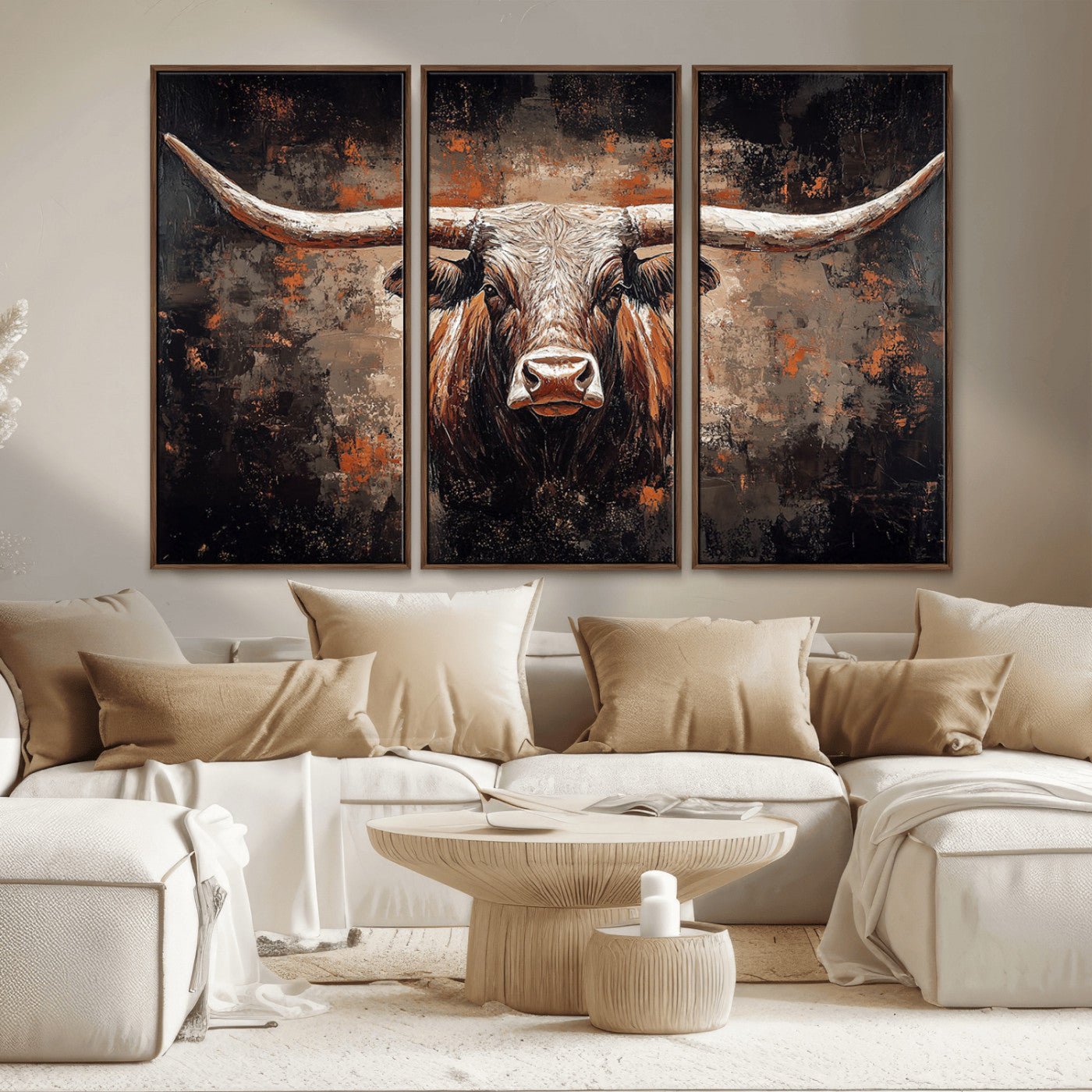 24779067-MGV-CV-36X24-Longhorn Bull Wall Art – Western Rustic Canvas Print, Bold Cowboy Cattle Painting for Ranch House, Farmhouse, Office, or Living