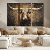 19204445-MGV-FC-48X32-3P_Walnut-Texas Longhorn Bull Wall Art – Rustic Western Canvas Print, Bold Cowboy Cattle Painting for Ranch House, Farmhouse, Office, or
