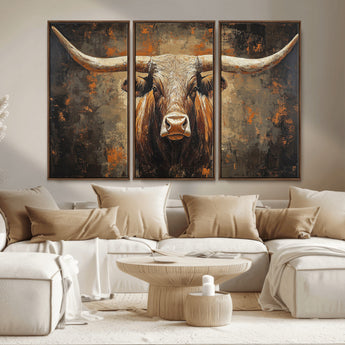 19204445-MGV-FC-48X32-3P_Walnut-Texas Longhorn Bull Wall Art – Rustic Western Canvas Print, Bold Cowboy Cattle Painting for Ranch House, Farmhouse, Office, or