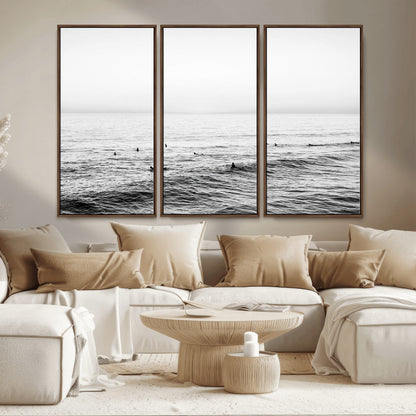 47208268-MGV-CV-36X24-Surfer Ocean Wall Art – Black and White Coastal Canvas Print, Minimalist Surfing Seascape Decor for Living Room, Bedroom, or Beach