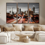 59097239-MGV-CV-36X24-City Skyline Wall Art – Modern Black and White Night Canvas Print with Red Light Trails, Urban Landscape Decor for Living Room or