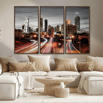 59097239-MGV-CV-36X24-City Skyline Wall Art – Modern Black and White Night Canvas Print with Red Light Trails, Urban Landscape Decor for Living Room or