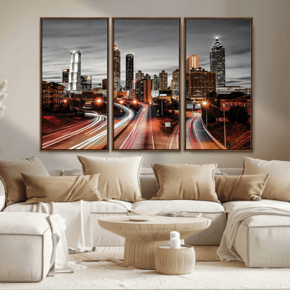 59097239-MGV-CV-36X24-City Skyline Wall Art – Modern Black and White Night Canvas Print with Red Light Trails, Urban Landscape Decor for Living Room or