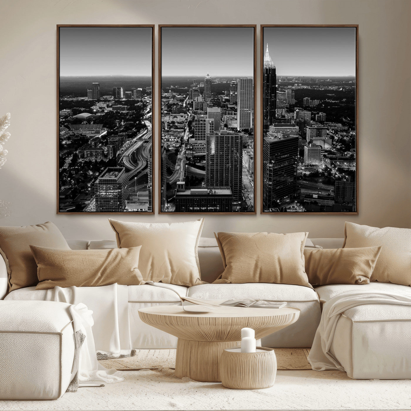 46578567-MGV-CV-36X24-Atlanta Skyline Wall Art – Black and White Cityscape Canvas Print, Modern Urban Night Decor for Office, Living Room, or Apartment