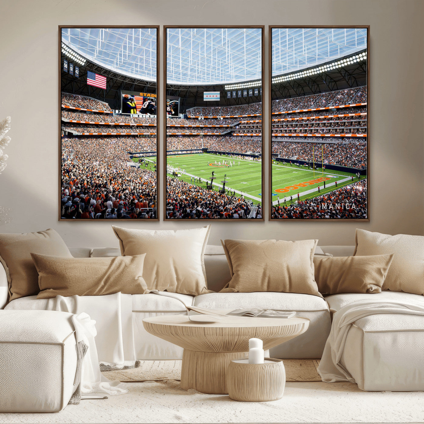 32530647-MGV-CV-36X24-Chicago Bears Stadium Wall Art – Futuristic Dome Arena Canvas Print, Modern Football Concept Design Decor for Man Cave, Bar, or