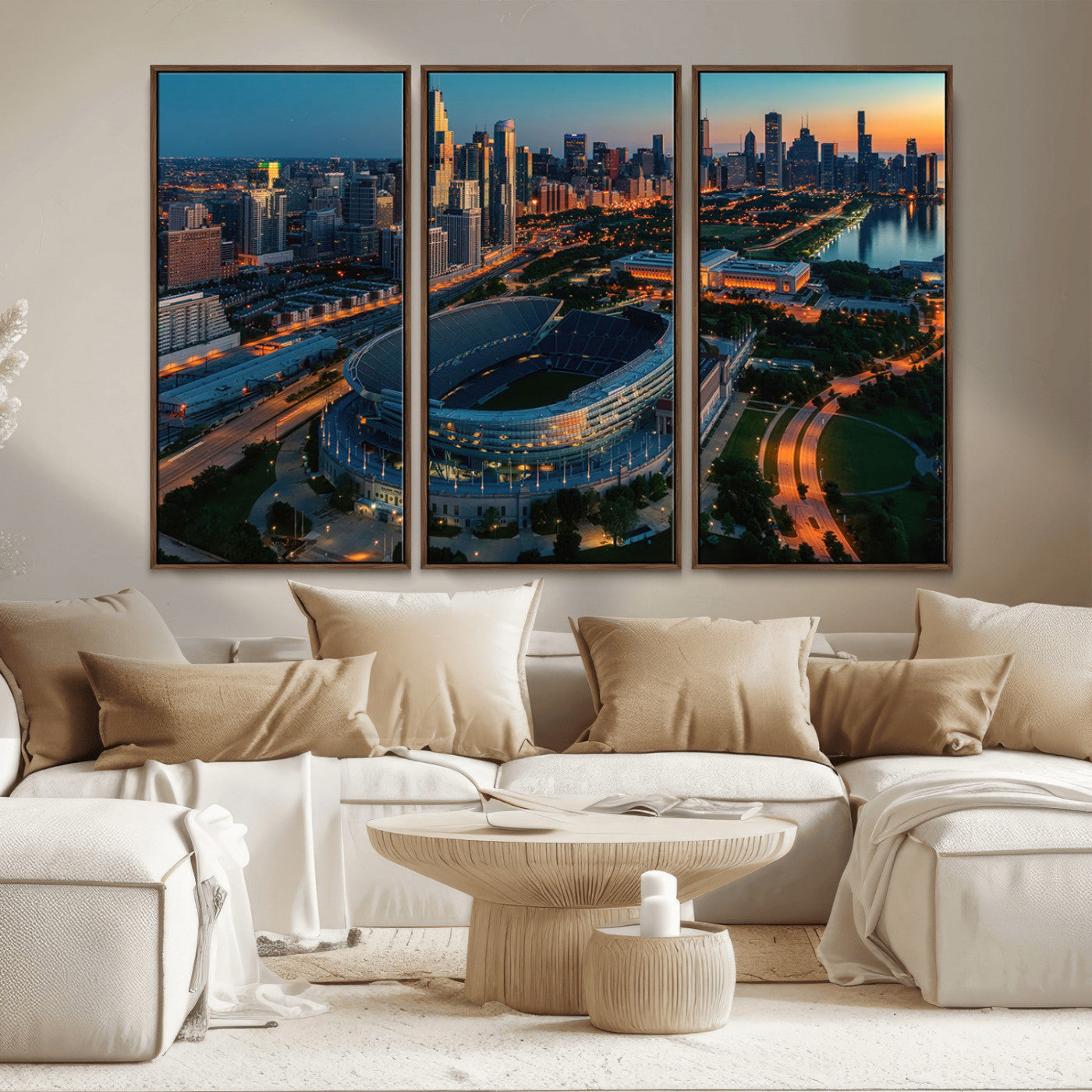 36690345-MGV-CV-36X24-Soldier Field Wall Art – Chicago Bears Stadium Aerial Night Canvas Print, City Skyline Football Decor for Living Room, Office, or